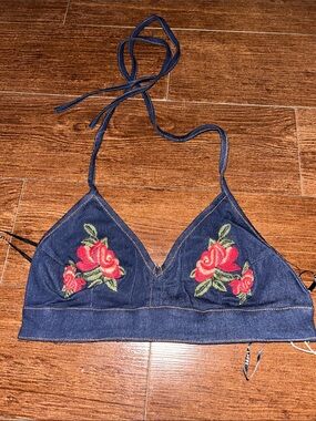essue Dark Denim Bralette with Red Rose Embroidery